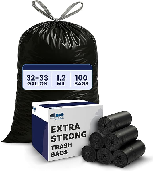 Plasticplace 32-33 Gallon Trash Bags │ 1.2 Mil │ Drawstring Garbage Can Liners