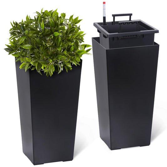 GarveeLife 22.5 in Tall Planters Set of 2, Outdoor＆Indoor Black Planter Pots, High Front Porch Planter Pots with Drainage Holes＆Water Level Monitor＆Inner Bucket, Automatic Watering, Black