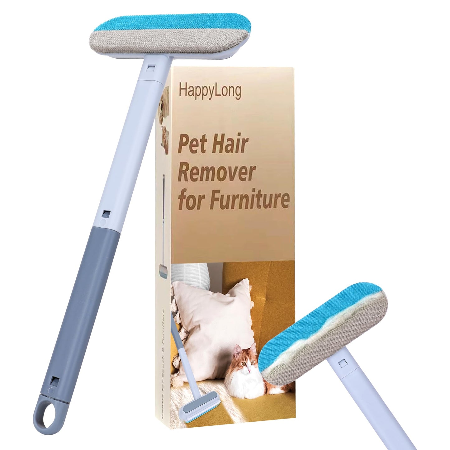 HappyLong Pet Hair Remover for Furniture, Reusable, Washable Lint Brush for Dog and Cat Hair - 17.3Inch Extendable, Gentle on Couches, Carpets, Clothes, Bedding