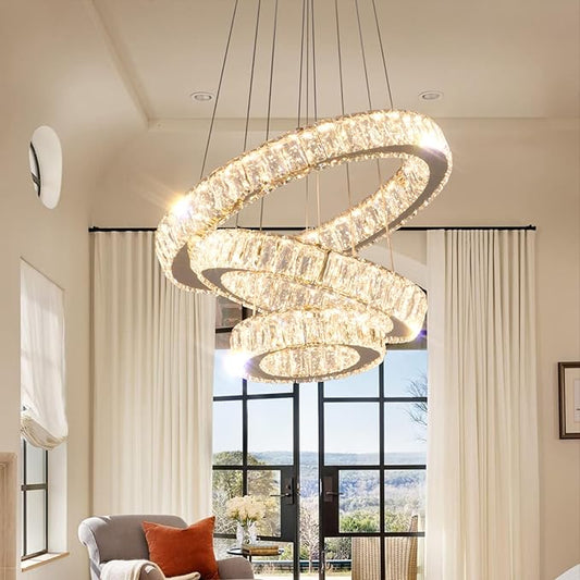 FRIXCHUR 3 Ring LED Chandelier Modern Crystal Chandeliers LED Pendant Lights Gold Ring Chandelier for Bedroom Dining Room High Ceiling Foyer (3000K Warm Light)