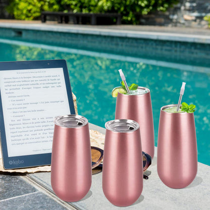 4 Pack Stemless Double Insulated Champagne Flute Tumbler with Lid, 6 Oz Unbreakable Reusable Cocktail Champagne Toasting Glasses, Great Gift for Friends Family Christmas Birthday, Rose Gold