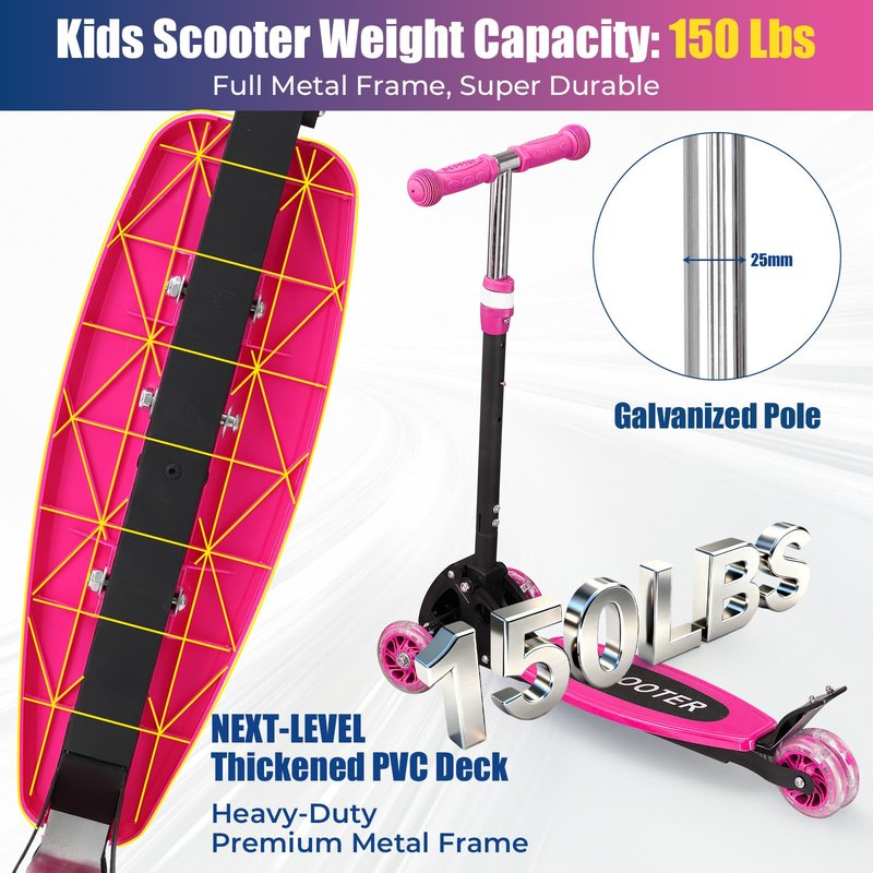 Kids 3-Wheel Kick Scooter – Adjustable Height, Gravity Steering, & LED Wheels, Foldable for Travel, Durable Metal Frame Supports up to 180 lbs