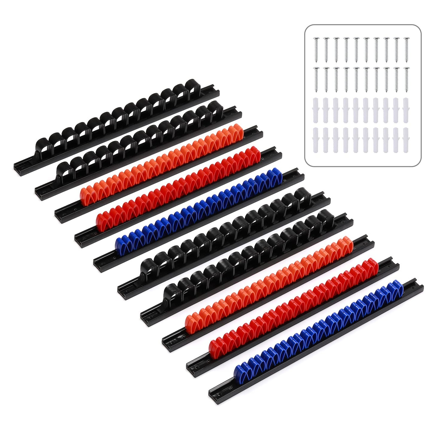 CASOMAN 10 pcs Screwdriver Organizer and Wrench Organizer, Wall Mount, Hand Tool Holder, Plastic Rail Wrench Hanger with Clips