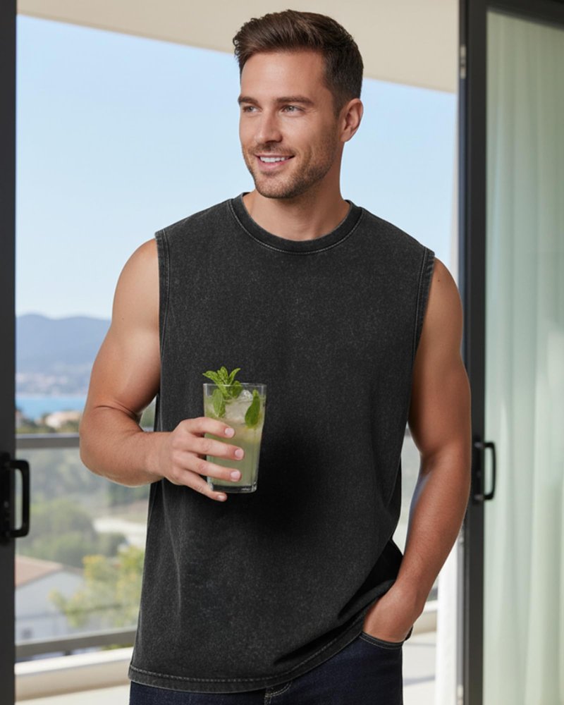 PAODIKUAI Sleeveless Shirts for Men - Sleeveless Crew Neck Casual Gym Washed T Shirt Breathable Loose Fit(Black+Black+Black,XL)