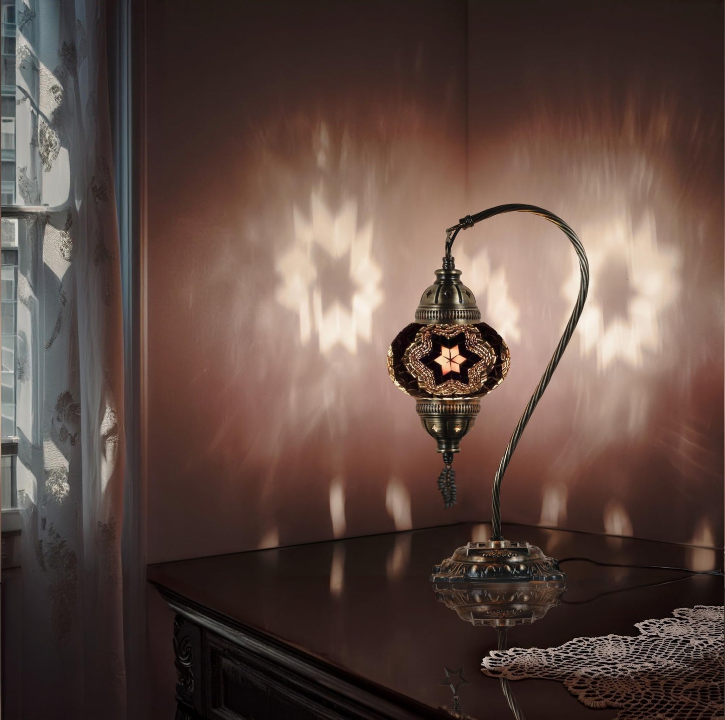 DEMMEX Turkish Moroccan Mosaic Table Lamp – Handcrafted Tiffany-Style Colorful Glass Swan Neck Bedside, Desk, Table Light, Boho Artisan Accent Lighting for Bedroom or Living Room – 15" H, Black White