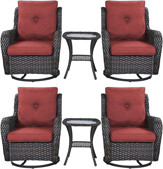 Rilyson Patio Chairs Wicker Outdoor Chair - 6 Piece Rattan Swivel Rocking Chairs Set Patio Glider Rocker Chairs with Glass Top Side Table for Porch Deck Garden Backyard(Brown/Red)