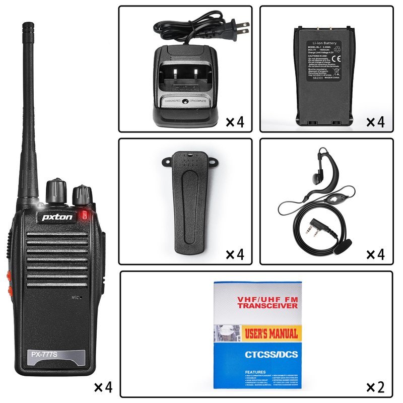 pxton 777S walkie talkies Long Range for Adults Rechargeable with Earpieces and Li-ion Battery,Two Way radios has VOX/TOT/Emergency Alarm/Battery Low Alert/Flashlight/Scan Function（4 Pack）