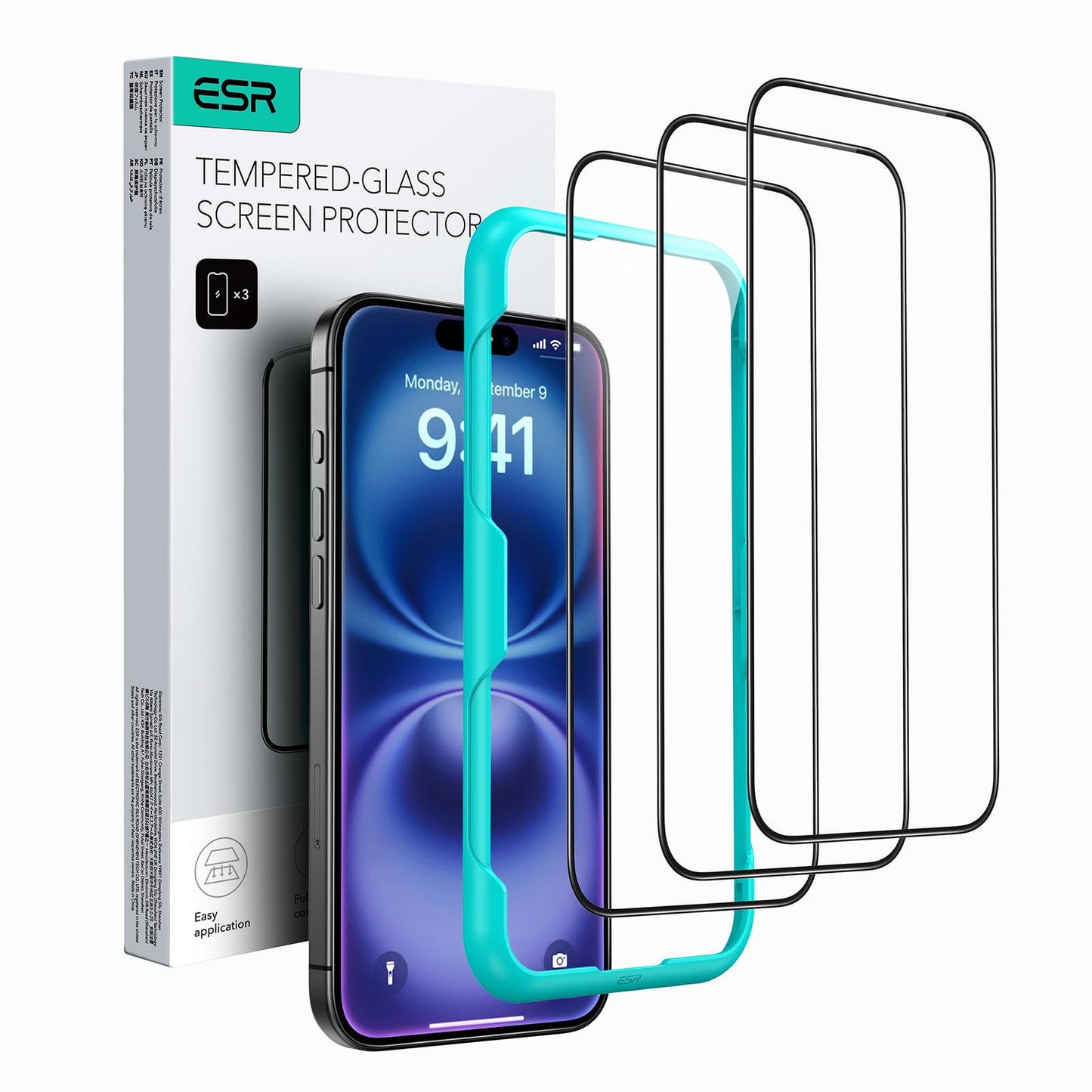ESR 3 Pack for iPhone 15 Pro Max Screen Protector, [9H Hardness] [Military Grade Shatterproof] Full Coverage Tempered Glass Film with Easy Installation Tool, HD Clear, Scratch Resistant