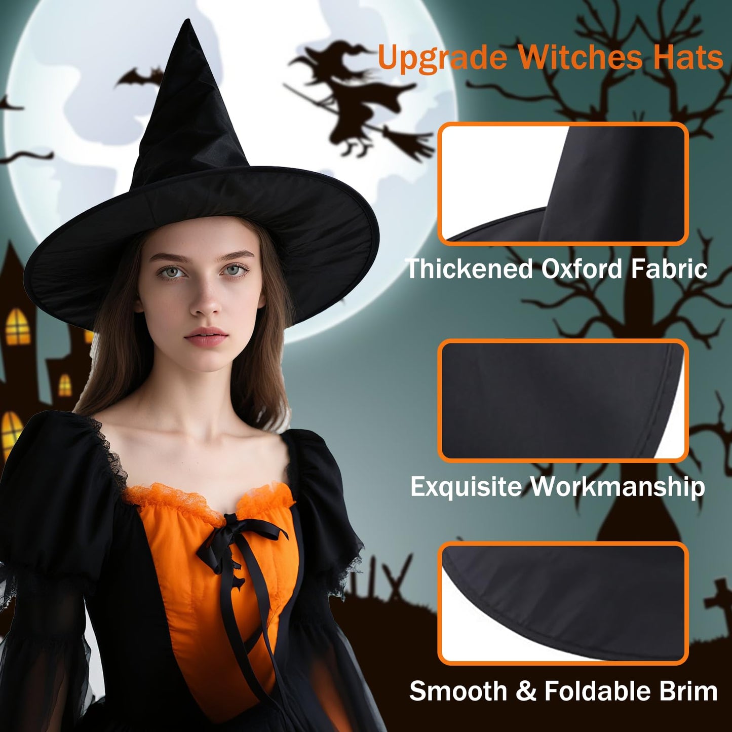 Tepoobea Halloween Decorations Black Witch Hats, 8 Pack Hanging Witches Hats & 32Pcs 3D Bats Halloween Decorations Outdoor Indoor