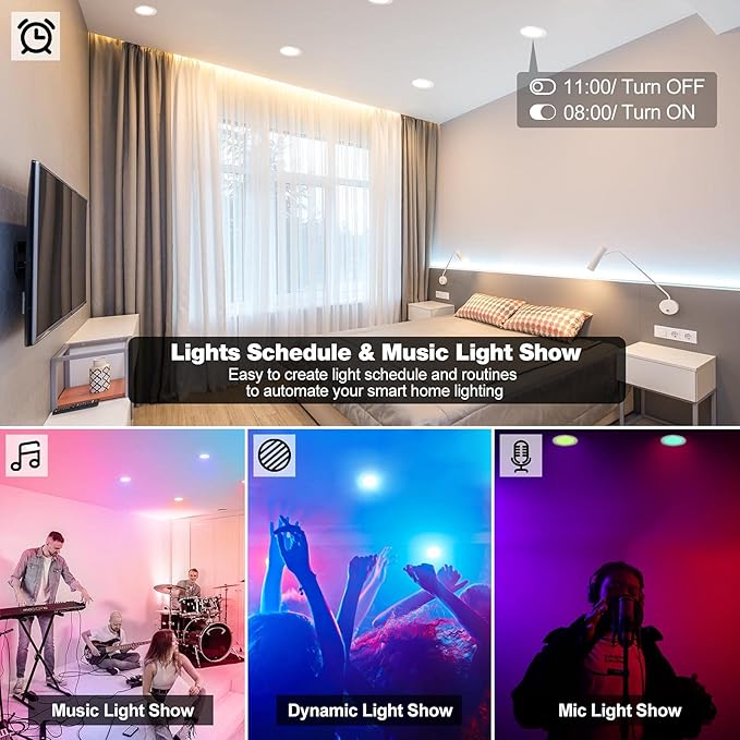 4" Smart Recessed Lighting 6 Pack, Dimmable, Multicolorred, 2700K~6500K, CRI80+, Color Changing Retrofit Bluetooth Mesh LED Ceiling Light, 4 Inch RGB Canless LED Downlight