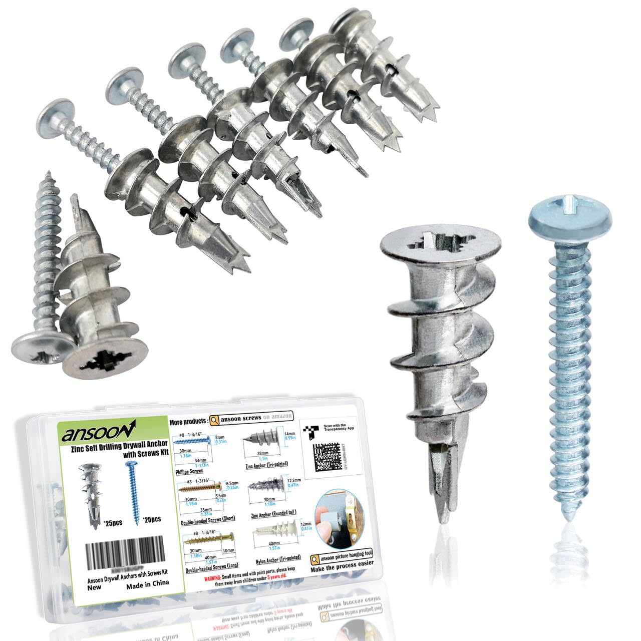 Ansoon Zinc Self-Drilling Drywall Anchors with Screws Kit, 25 Heavy Duty Metal Wall Anchors and 25#8 x 1-1/4'' Screws - 50 Pieces All Together