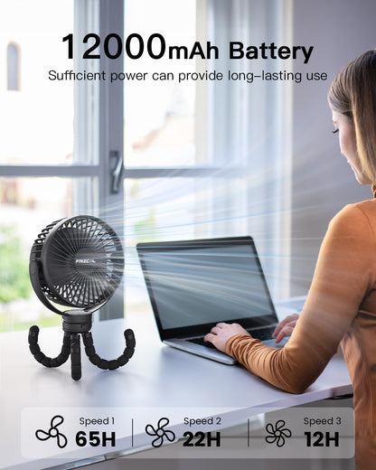 FRIZCOL Portable Stroller Fan, Use As Power Bank, 65H 12000mAh Battery Operated Fan Flexible Tripod Baby Car Seat Fans with Timming, Personal Mini Handheld/Desk/Small Clip On Fans For Stroller