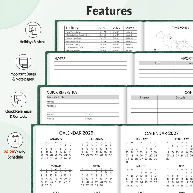 SUNEE 2026 Weekly & Monthly Hardcover Planner 5.5" x 8.3" - 12 Month (January 2026 - December 2026), Small Hardcover Planner, Pocket, Notes, 100 GSM Paper, Deep Green