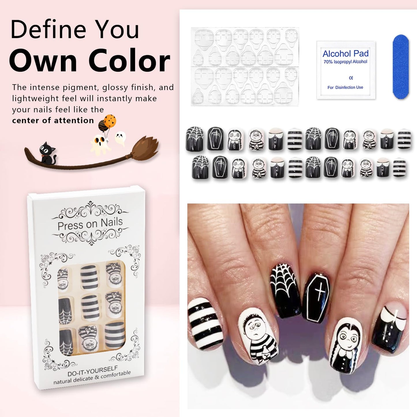 Halloween Horror Press on Nails Glossy Fake Nails Black White Stripe Spider Web Halloween Nail Art Designs Square Short False Nails Reusable Artificial Nails Full Cover Glue on Nails for Women 24 Pcs