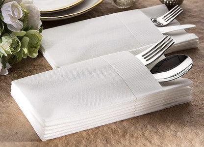 UKEENOR Disposble Dinner Napkins Cloth Like with Built-in Flatware Pocket,Wedding Party Linen Feel White Napkin, Prefolded for Silverware,Pack of 50