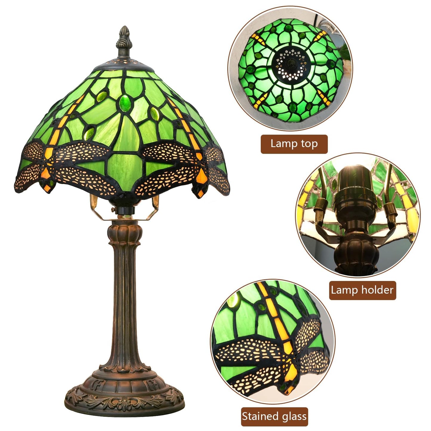 wecrejoni Tiffany Lamp Green Dragonfly Stained Glass Table Lamp 8X8X14 Inches Green Dragonfly Style Desk Reading Light Decor Beside Bedroom Living Room Home (H1057-Green Dragonfly)