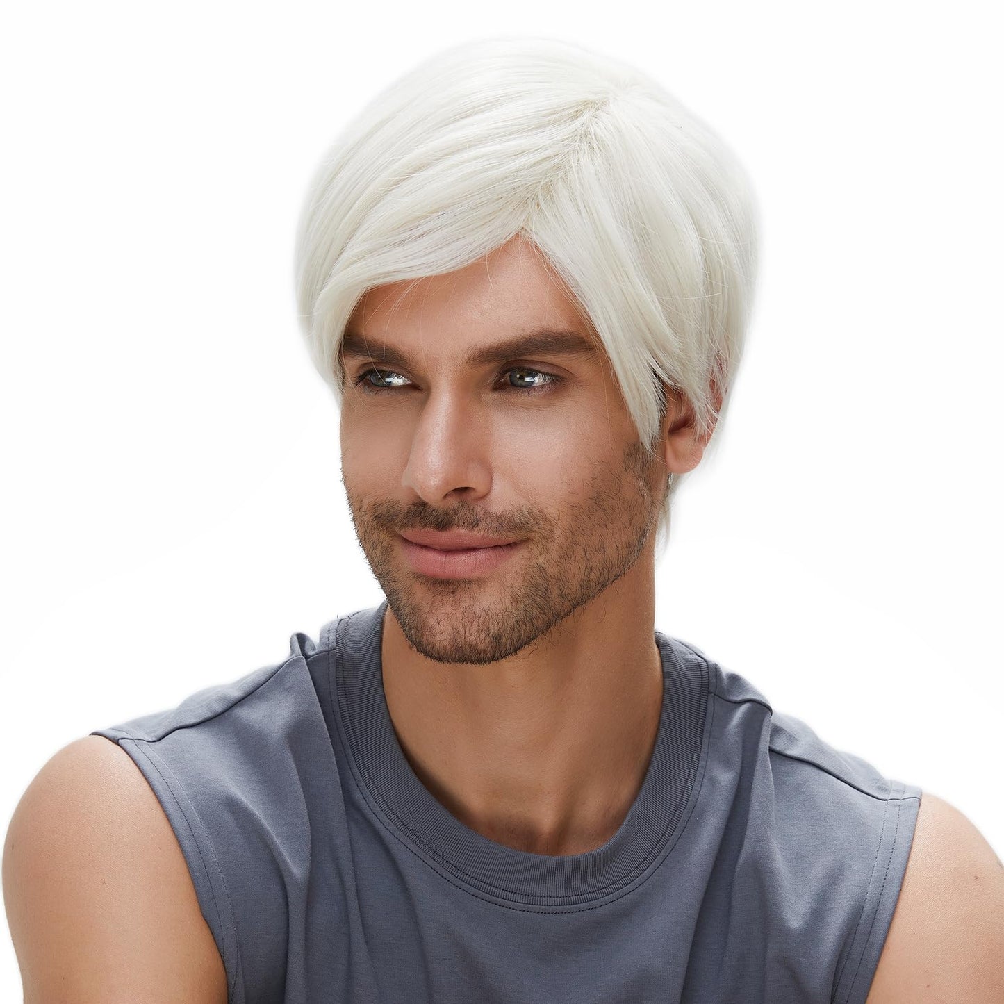 STfantasy Short Platinum White Men Wigs with Bangs Straight Layer Mens Wig+Sunglasses+Headscarf for Man Male Costume Halloween Cosplay Anime Party White Blond Wig Men
