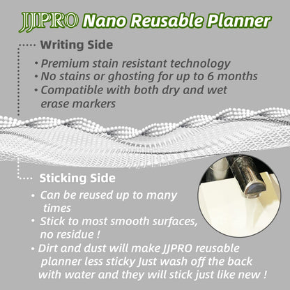 JJPRO Non-Magnetic Reusable Monthly Calendar Whiteboard Clings to All Smooth Surfaces. Monthly Planning Board for Refrigerator, Cabinet,Door&Stainless Fridge, 6 Markers Included!