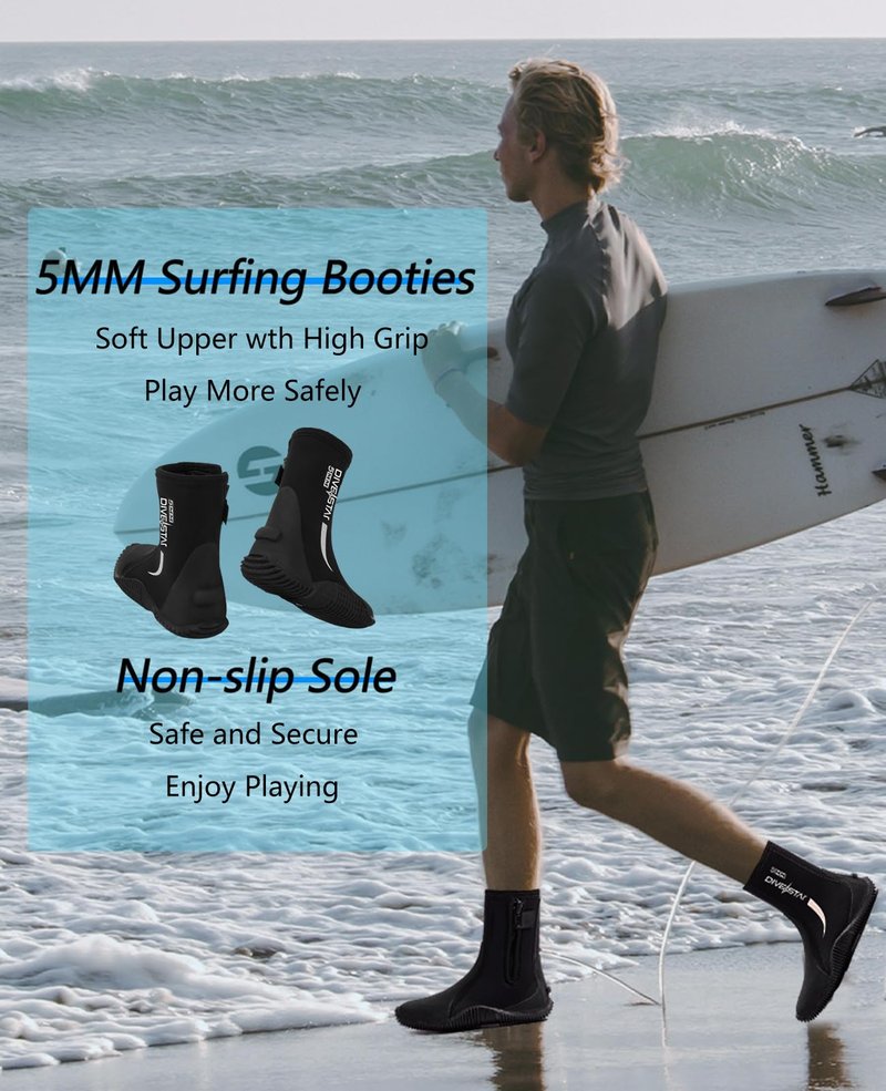 Skyone Neoprene Dive Boots, Men's & Women's 5MM Wetsuit Surf Booties, Tall Zippered Anti-Slip Rubber Sole Scuba Boots, Diving Booties for Sailing Snorkeling (Black, Mens 9 / Womens 10)