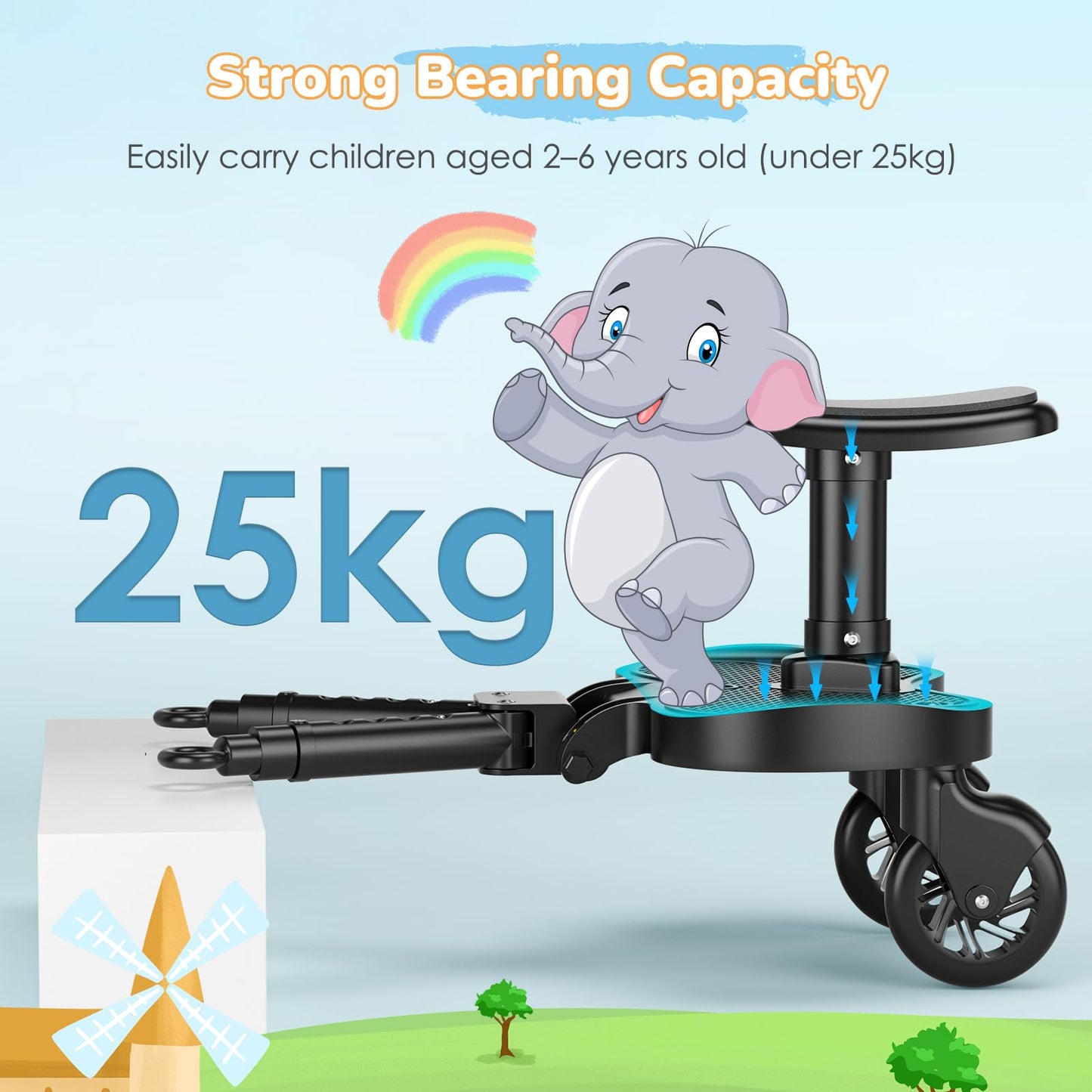 BugyKido Buggy Board, Universal Buggy Board with Seat for Children, Baby Kiddy Board, Stroller Accessory from 2-6 Years (25 kg), for Over 99% of Baby Carriages, Black Wheels