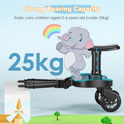 BugyKido Buggy Board, Universal Buggy Board with Seat for Children, Baby Kiddy Board, Stroller Accessory from 2-6 Years (25 kg), for Over 99% of Baby Carriages, Black Wheels