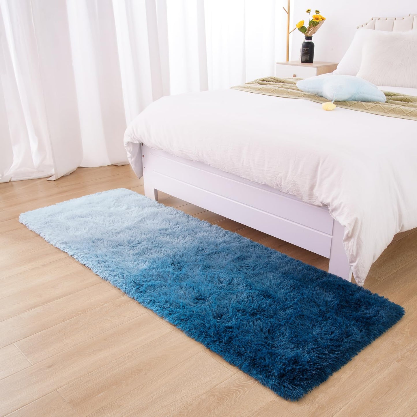 DweIke Luxury Shaggy Runner Rugs for Bedroom, 2x6 Feet Fluffy Runners Carpet for Girls Boys Kids, Non-Slip Extra Comfy Plush Bed Beside Rug for Living Room Nursery Home Decor, Gradient Navy Blue