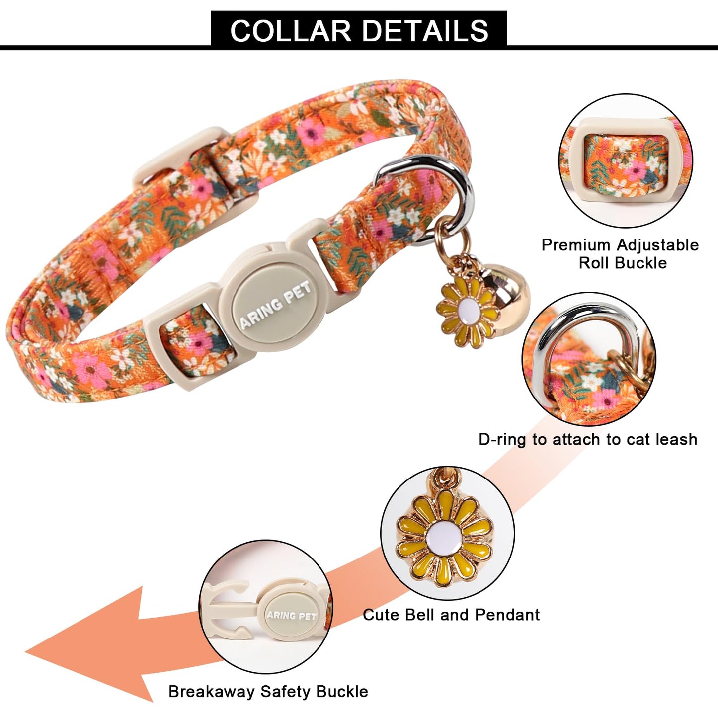 ARING PET 2 Pack Cat Collars, Breakaway Cotton Fall Halloween Kitten Collar with Bells for Girl Boy Cats Floral & Orange Plaid