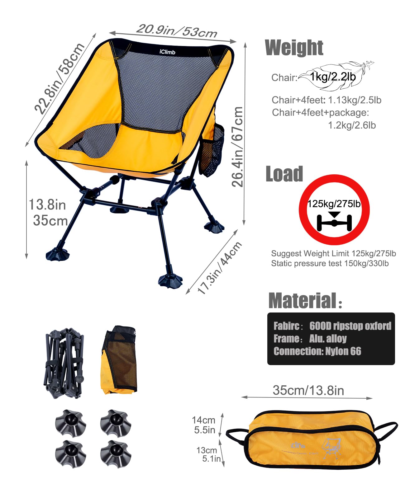 iClimb Ultralight Compact Camping Folding Beach Chair with Anti-Sinking Large Feet and Back Support Webbing (Yellow - Square Frame - 2PC)