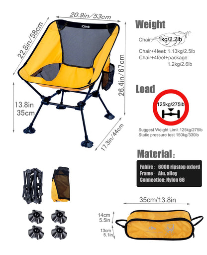 iClimb Ultralight Compact Camping Folding Beach Chair with Anti-Sinking Large Feet and Back Support Webbing (Yellow - Square Frame - 2PC)