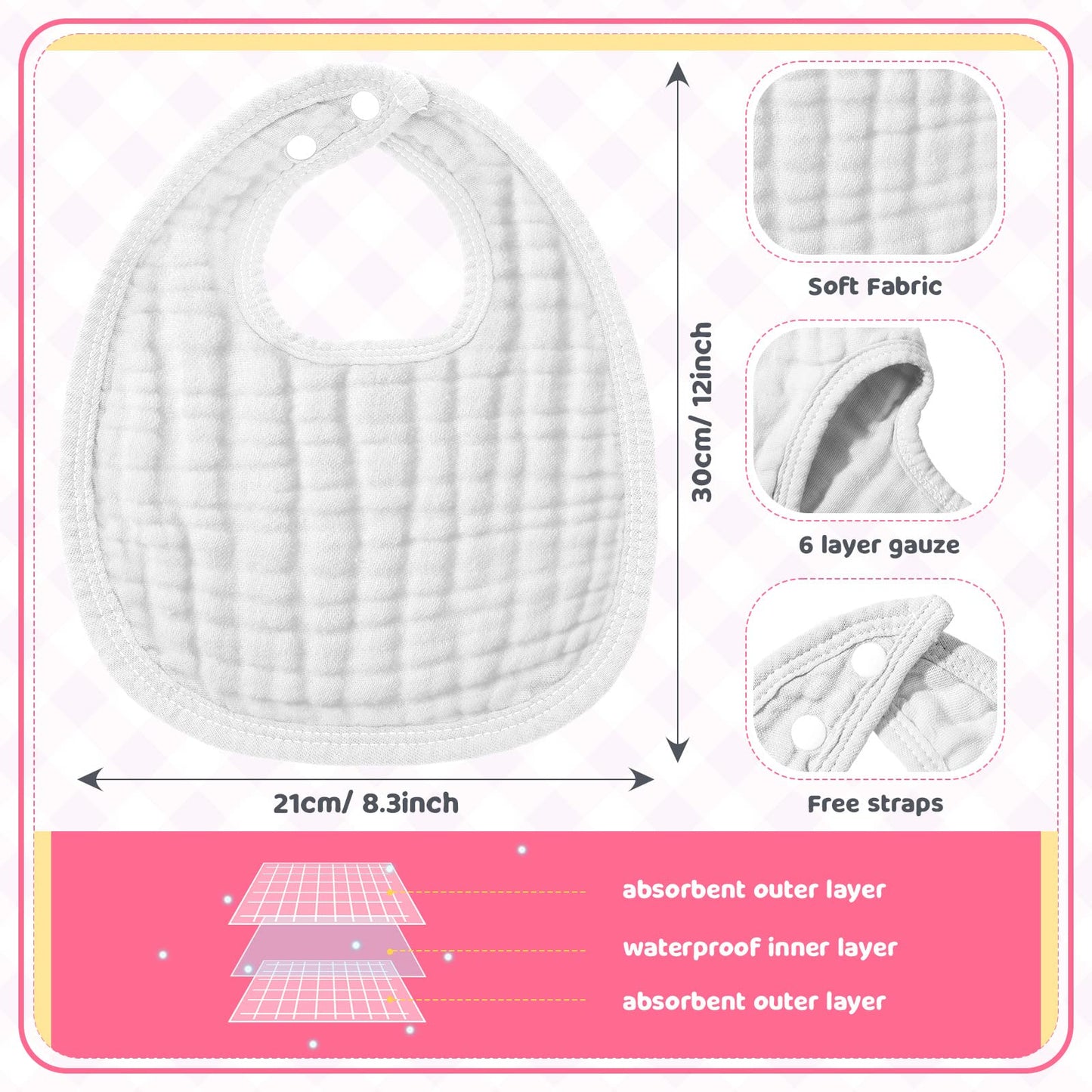 Frienda 6 Pcs Muslin Bibs Burp Cloths for Baby Teething Bandana Bibs 6 Absorbent Layer for Baby Boy Girl Cotton Burping Cloth(Pink Series)