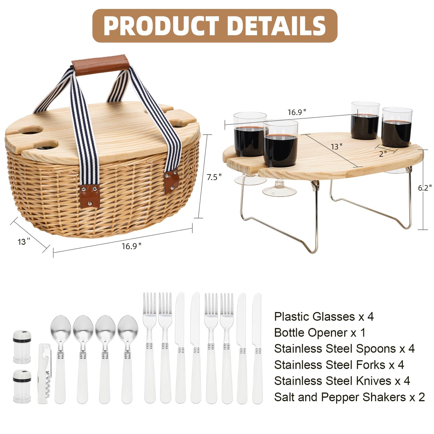 STBoo Picnic Basket for 4, Insulated Wicker Hamper with Folding Table, Willow Picnic Baskets Set with Large Insulated Cooler Bag for Camping Outdoor (Stripe)