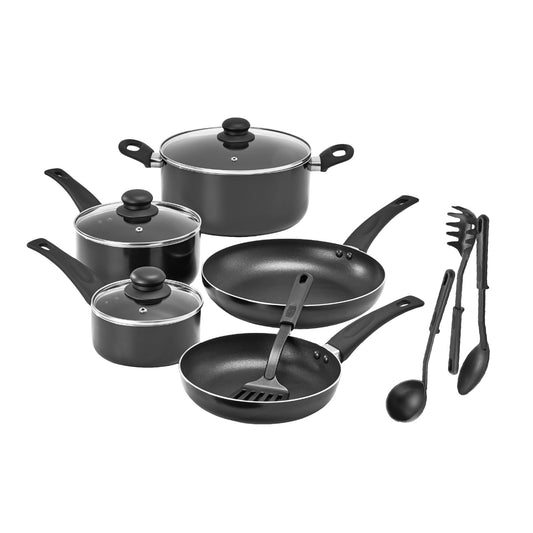 bella Cookware Set, 12 Piece Pots and Pans with Utensils, Nonstick PFOA Free Scratch Resistant Cooking Surface Compatible with All Stoves, Nylon and Aluminum, Black