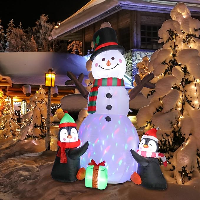 6 FT Christmas Inflatable Decorations, Infaltables Snowman with 2 Penguins Built-in Twinkle Colorful LED Lights Christmas Blow up Yard Decorations for Xmas Garden Patio Lawn Decor