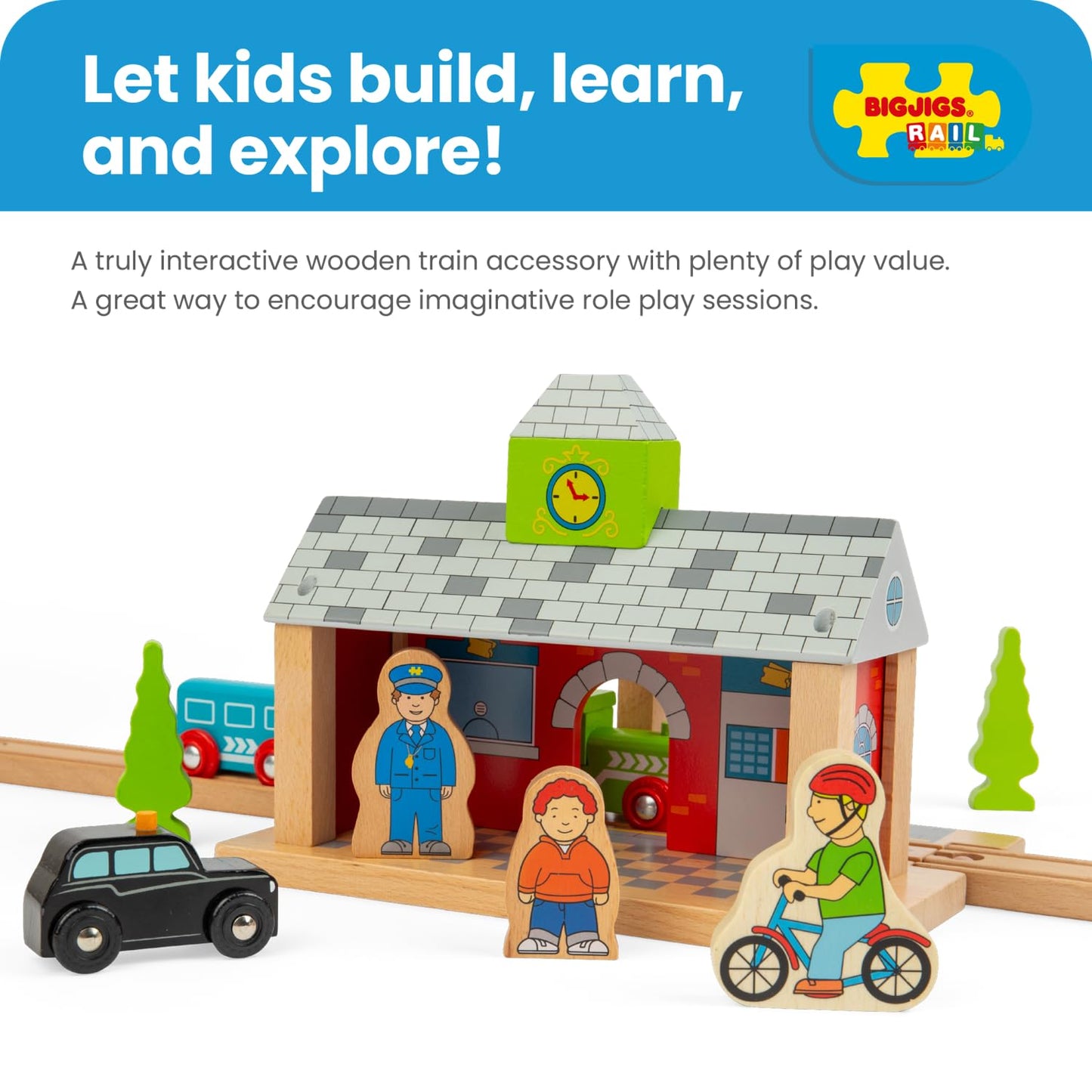 Bigjigs Rail Wooden Train Station | Accessories for Wood Railway Track Set | Toy Engine Parking Playset | Fun Gifts for 3+ Year Old Children | Kids Montessori Learning Tool