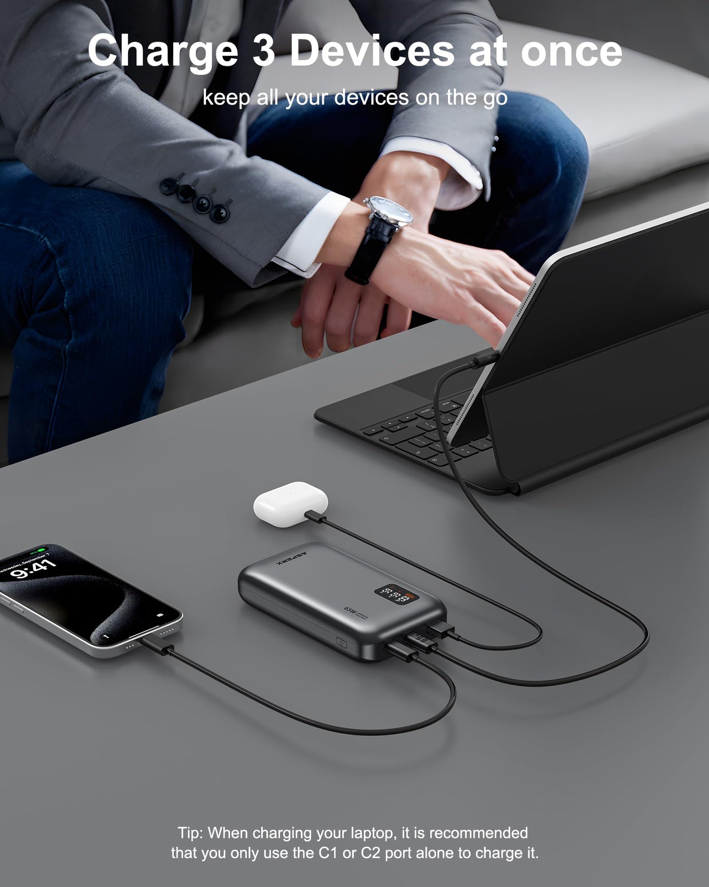 AsperX 65W Power Bank, 20,000mAh Laptop Portable Charger, PD 3.0 Fast Charging Travel Essential USB C Battery Pack for MacBook,iPhone 17/16/15/14 Series,Galaxy S24,Dell XPS, Switch,ipad,Steam Deck