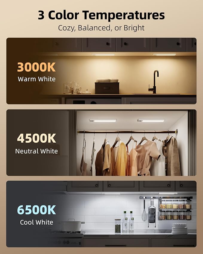 EZVALO 5 Pack Under Cabinet Lighting, 4000mAh Rechargeable Motion Sensor Light, 16.5inch Magnetic Closet Lights with Dimmable & 3 Color Temps, Wireless Motion Activated Lights with Remote for Kitchen