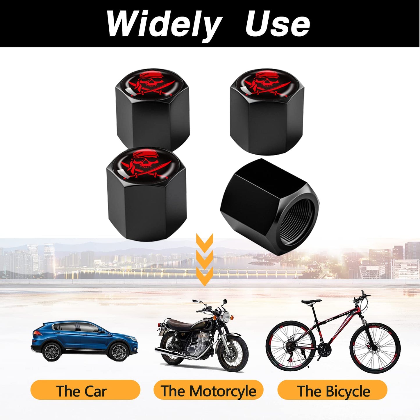 Ajxn 4 Pack Skull Car Wheel Tire Valve Stem Caps Airtight Dust Proof Covers Universal Tire Air Valve Caps for Cars, Trucks, Bicycles, Car Accessories for Men and Women (Red Scarf Skull #29)