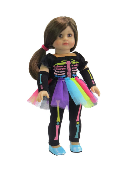 American Fashion World Electric Neon Skeleton Halloween Costume for 18-inch Dolls| Premium Quality & Trendy Design | Dolls Clothes | Outfit Fashions for Dolls for Popular Brands