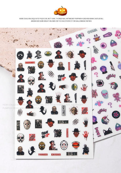 9 Sheets Halloween Nail Art Stickers Decals Scary Film Characters Ghost Face Skull 3D Self-Adhesive Nail Supplies Terror Vampire Spider Web Designs Holiday DIY Manicure Decorations for Women Kids Men