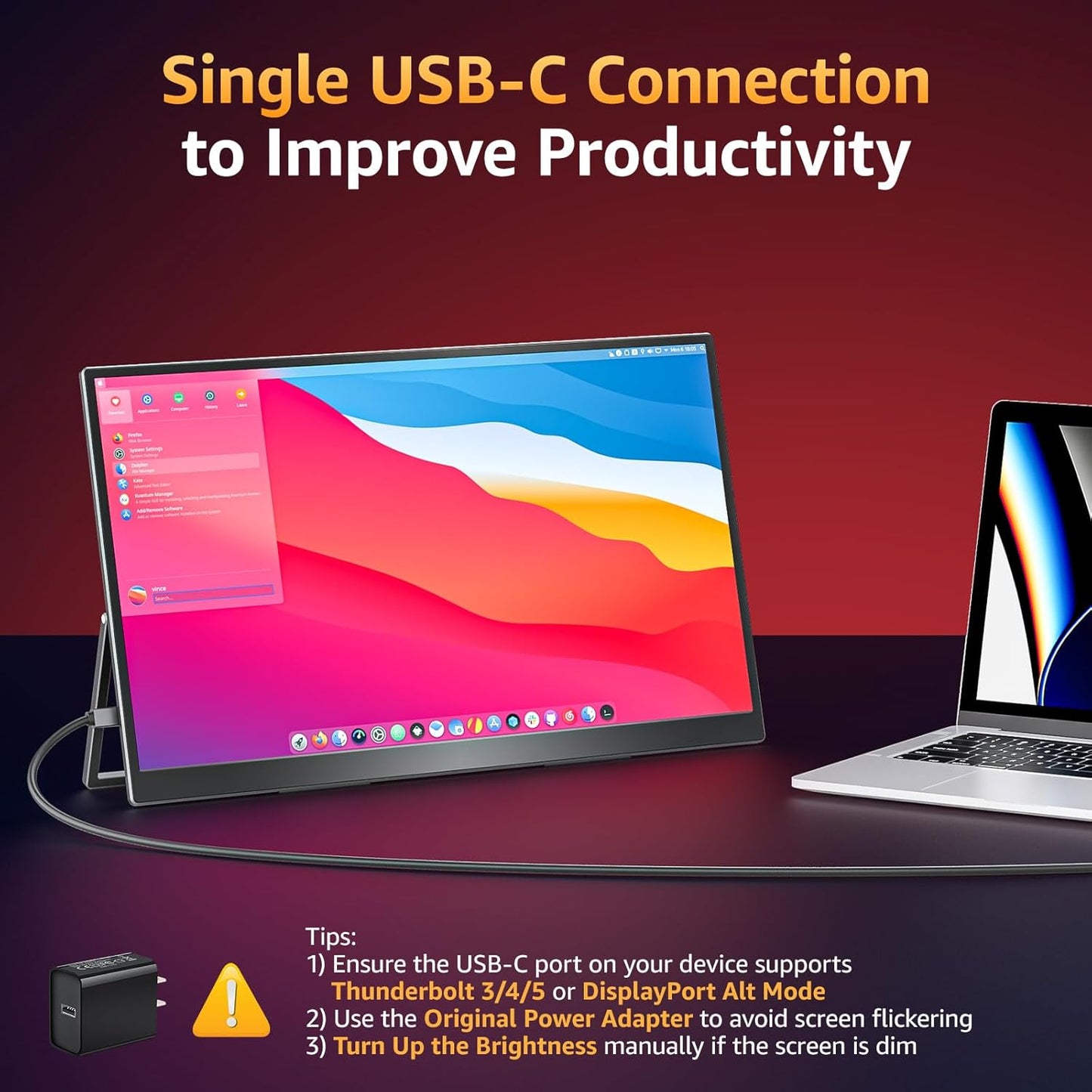 Portable Monitor 18.5" FHD 125% sRGB 100Hz IPS HDR HDMI USB-C Travel Monitor for Laptop MacBook PC Surface PS5 Xbox, Large External Display with Kickstand & Speakers, VESA Compatible