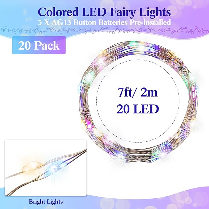 Hortsun 20 Packs Fairy Lights Battery Operated 3 Speed Modes, 7 Ft/ 2 M 20 LED Battery String Mini Waterproof Wire Twinkle Lights Bulk for Wedding Party Birthday Vases (Multicolor Light)