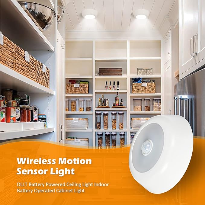DLLT Battery Powered Motion Sensor Light, Battery Operated LED Ceiling Light with 900LM, Wireless Flush Mount Round Sensor Lighting for Closet Stair Hallway Shower Shed Garage Pantry, (5000K, 3-Pack)
