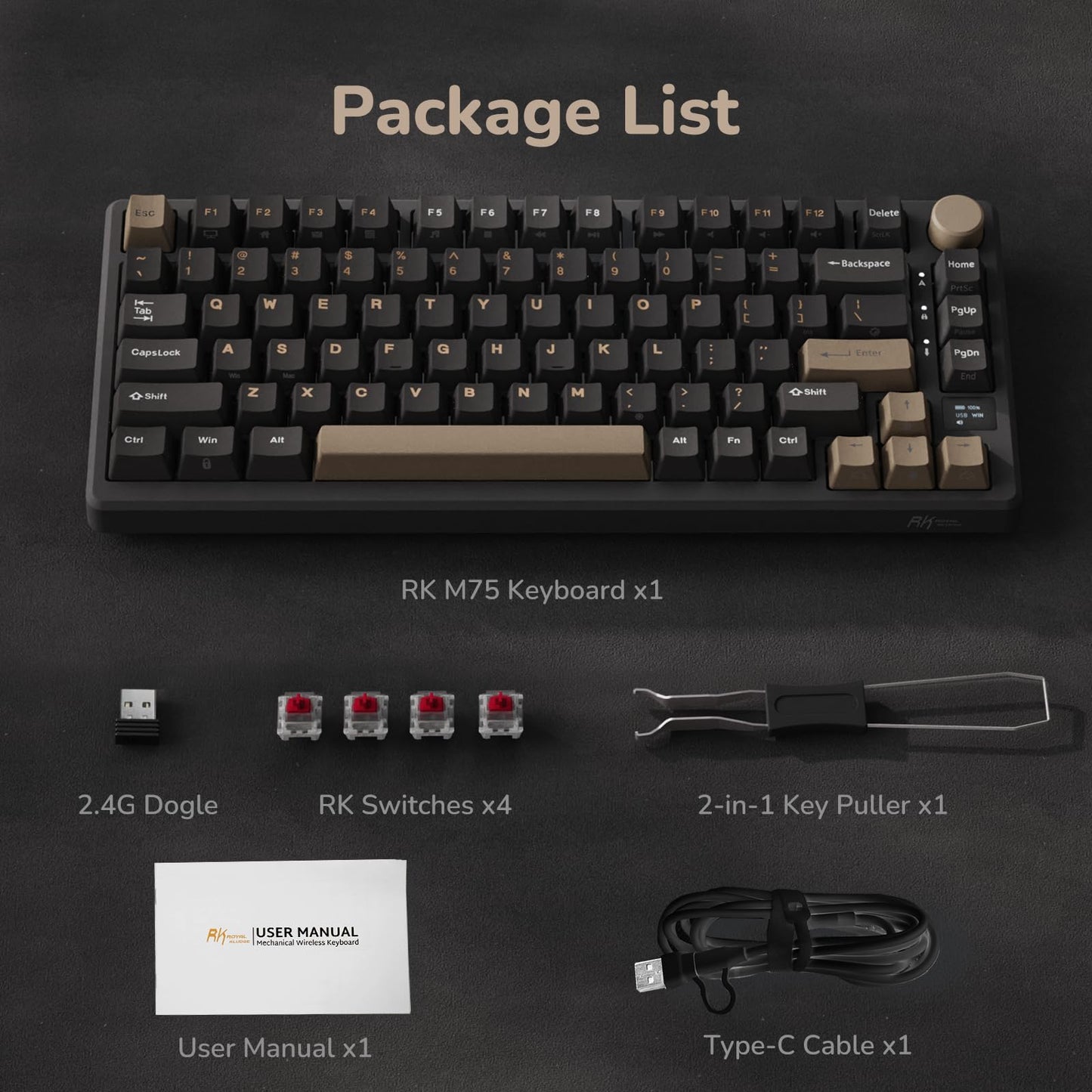RK ROYAL KLUDGE M75 Wireless Mechanical Keyboard 2.4Ghz/BT5.1/USB-C Gaming Keyboard 75% Layout 81 Keys Gasket Mount with OLED Display & Knob RGB Backlight Hot-Swappable Red Switch, Grey, US Layout