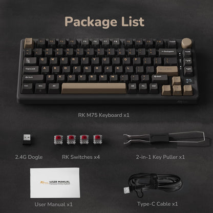 RK ROYAL KLUDGE M75 Wireless Mechanical Keyboard 2.4Ghz/BT5.1/USB-C Gaming Keyboard 75% Layout 81 Keys Gasket Mount with OLED Display & Knob RGB Backlight Hot-Swappable Red Switch, Grey, US Layout