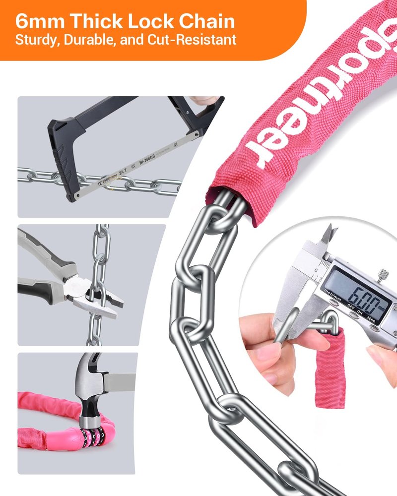 Sportneer Bike Lock: 5 Digit Combination High Security Anti Theft Bike Chain Lock - 3.2/3.6/4ft Heavy Duty Resettable Keyless Bicycle Lock for Bike, Motorcycle, Scooter, Door - 6mm Thick Rose Red