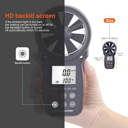 Digital Anemometer Handheld - BTMETER BT-100 Wind Speed Meter Gauge, Accurately Measure Wind Velocity Temperature Speed for CFM with MAX/MIN/AVG, Backlight LCD, HVAC