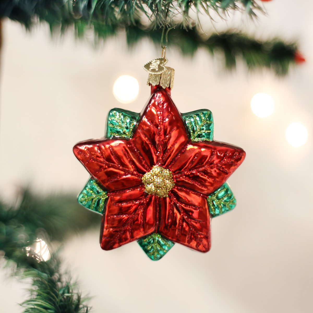 Old World Christmas Poinsettia Star Glass Blown Ornament for Christmas Tree, Handcrafted Holiday Decoration, Poinsettia Collection