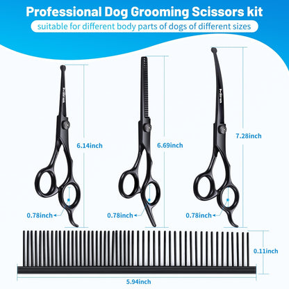 Dog Grooming Kit, 5-in-1 Titanium-plated Stainless Steel Dog Grooming Scissors, Dog Scissors for Grooming with Safety Round Tip, Dog Shears for Grooming & Cats, Sharp & Durable Cat Grooming Kit