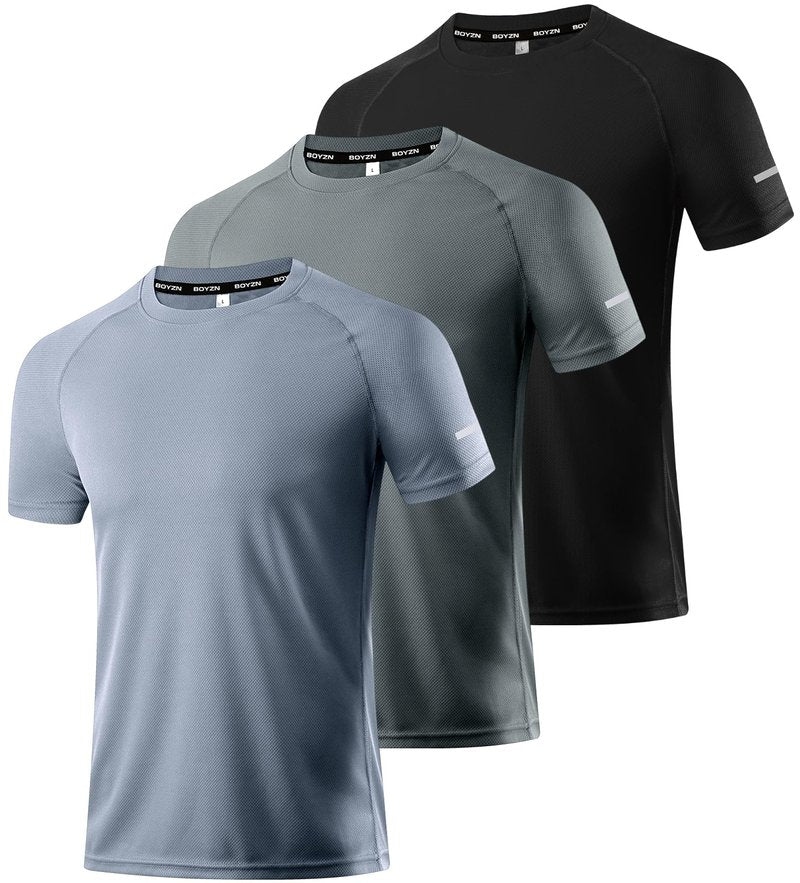 Men's 3 Pack Workout Shirts Dry Fit Crew Neck T Shirts Athletic Running Gym Mesh Short Sleeve Tee Tops Black/Grey/Dark Grey-3P11-XL