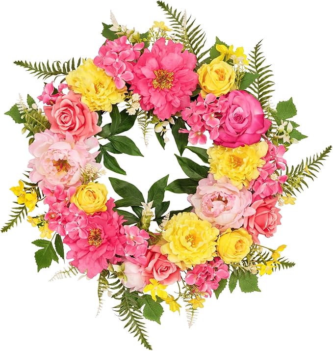 Wreaths for Front Door, WELL KNOWN Spring Summer Seasonal Hot Pink & Yellow Flowers Wreath for Front Door, Artificial Silk Peony Flower Wreath for Wall Hanging, Home Office Wedding Party Decor